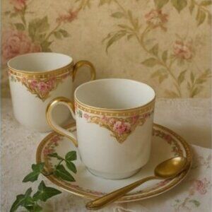 Bernardaud Limoges Porcelain | Vintage Demitasse Cups & Saucer Rose & Gold Trim